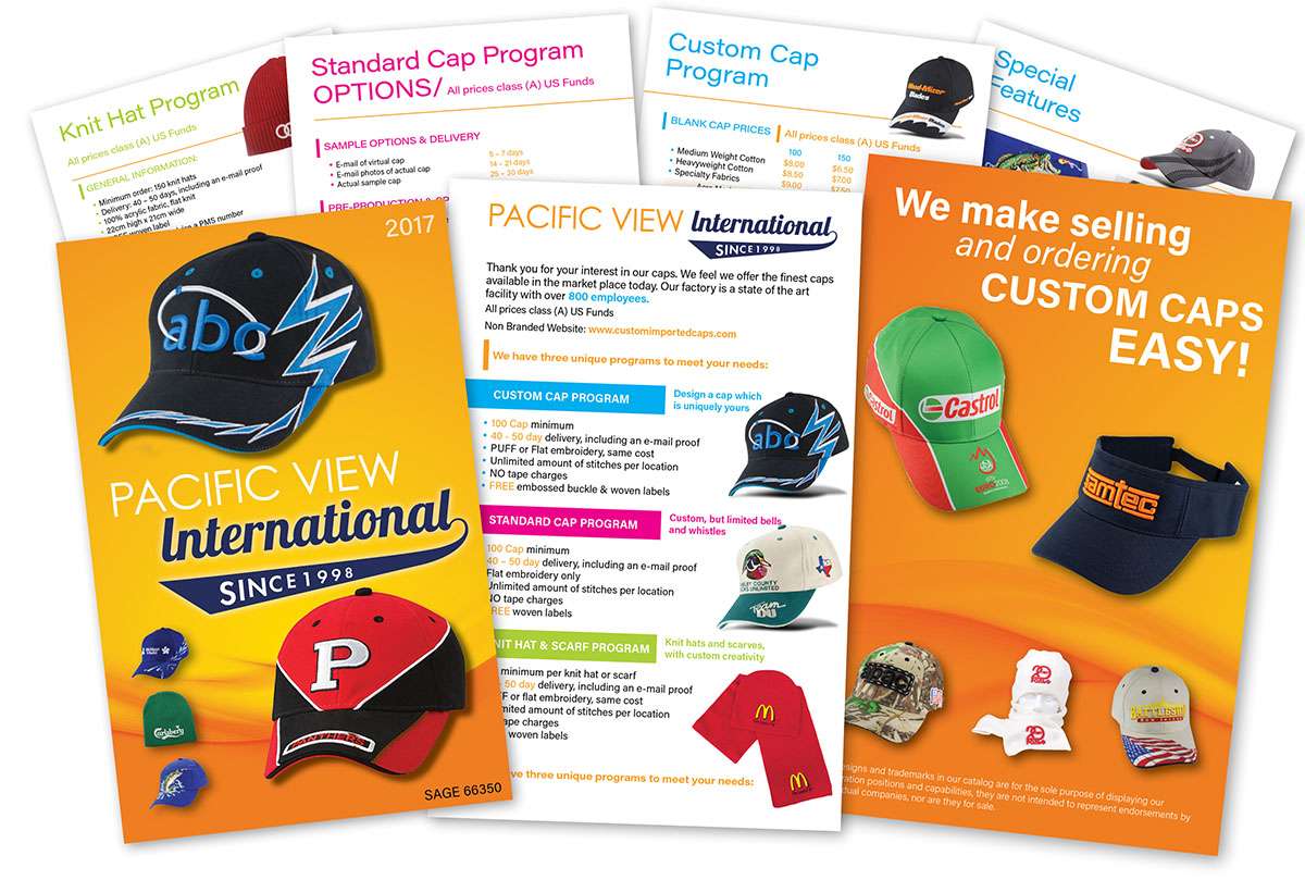 Click here to see the multi-page caps, hats, and scarfs brochure catalog design example.